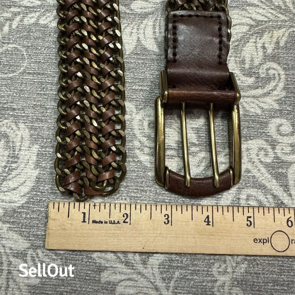 Men's Brown Braided Michael Kors Brass & Leather Belt with Brass Buckle